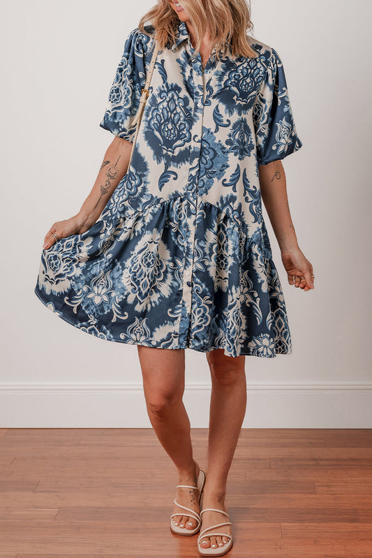Blue Boho Floral Mini Dress LT